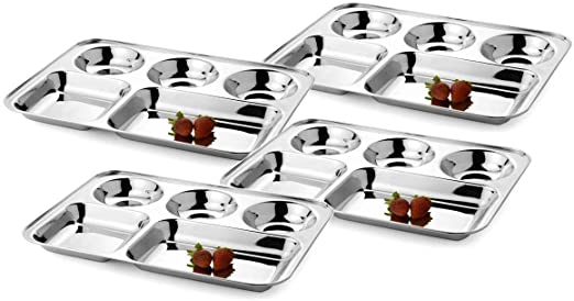 Khandekar Stainless Steel Five Compartment Rectangle Plates, Thali, Mess Tray, Dinner Plate Set of 4 - Silver, 13.5 inch (34 cm)