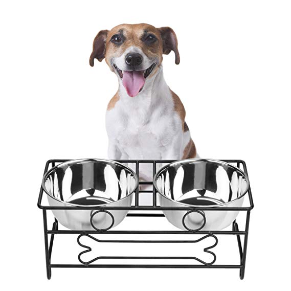 VIVIKO Bone Style Pet Feeder for Dog Cat, Stainless Steel Food and Water Bowls with Iron Stand