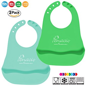 Premium Silicone Baby Bibs Set Of 2 - Adjustable Soft Bibs For Toddlers - Practical Food Pocket Design - Antibacterial & Easy To Clean Food Grade Silicone - BPA Free & FDA Approved (Green & Turquoise)