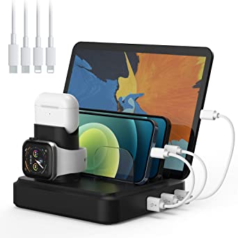 Charging Station, 5-Port Charger Organizer Dock Station with 4 Mixed Cables, USB Charging Station Compatible with iWatch, AirPods, Smart Phones, Tablets, MP3/MP4 and More
