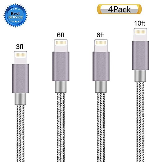 Zcen Lightning Cable, 4 Pack 3Ft 6Ft 6Ft 10Ft - Nylon Braided Cord iPhone Cable to USB Charging Charger for iPhone 7, Plus, 6, 6S, SE, 5S, 5, 5C, iPad, iPod - Gray