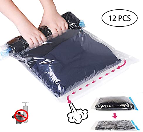 GQC Vacuum Storage Bag, 12 Pack Travel Compression Bags (6 Medium   6 Large), No Vacuum or Pump Needed, Reusable Space Saver Bags for Clothes Bedding Blankets Home Trave(12PACK6(60x40cm) 6X(50x35cm))