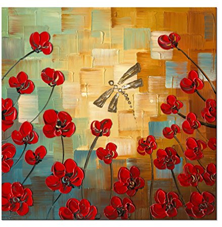 Wieco Art - Dragonfly Modern Flowers Artwork 100% Hand Painted Stretched and Framed Floral Oil Paintings on Canvas Wall Art Ready to Hang for Bedroom Kitchen Dining Room Home Decorations