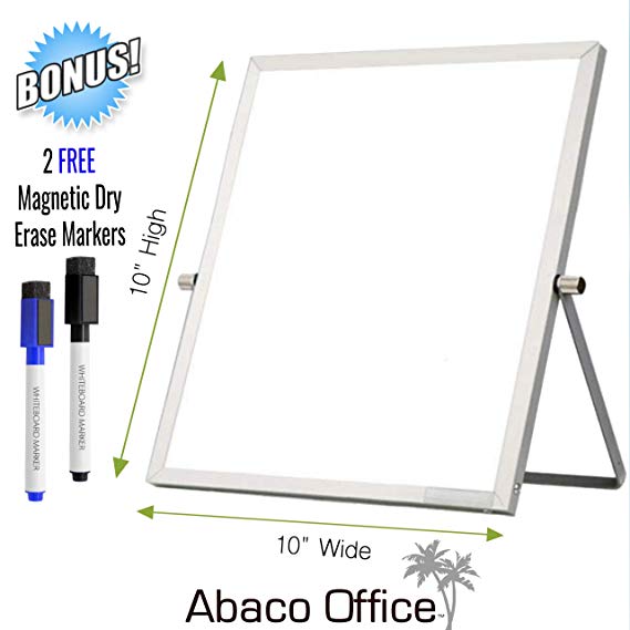 Small Dry Erase White Board by Abaco Office | Includes 2 Free Markers with Magnetic Eraser Cap | Mini WhiteBoard Easel, Dual Sided | Office, Home, School, Small Business (10x10 Inch)