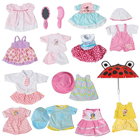 Set of 12 Handmade Baby Doll Clothes Dress Outfits Costumes For 14-16 Inch Dolly Pretty Doll Cloth Hat Cap Umbrella Mirror Comb Girl Christmas Birthday Gift
