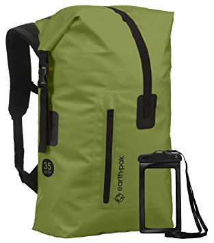 Earth Pak Waterproof Backpack: 35L / 55L Heavy Duty Roll-Top Closure with Easy Access Front-Zippered Pocket and Cushioned Padded Back Panel for Comfort; IPX8 Waterproof Phone Case Included