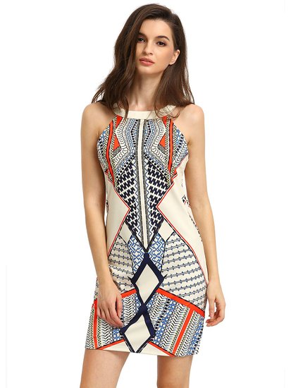 ROMWE Women's Cutaway Sleeveless Geometric Print Party Dress