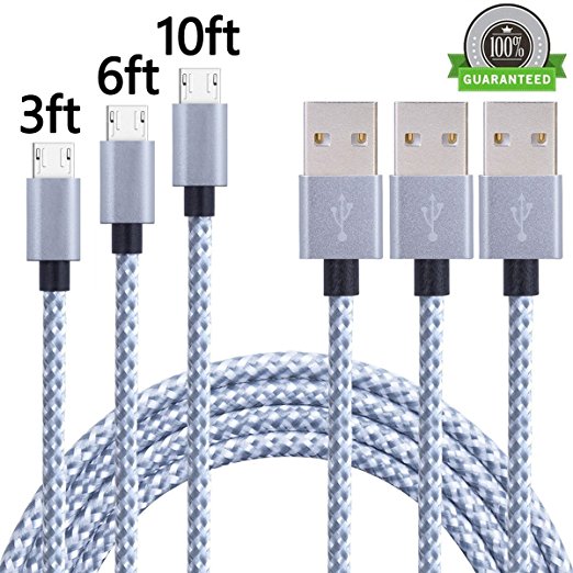 ONSON Android Charger Cable,3Pack 3FT 6FT 10FT Extra Long Nylon Braided High Speed 2.0 USB to Micro USB Charging Cord Fast Charger for Samsung Galaxy S7/S6/S5/Edge,Note 5/4/3,HTC,LG,Nexus(Gray White)