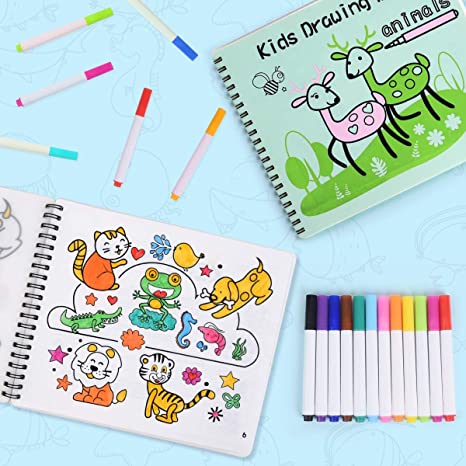 XREXS Erasable Drawing Pad, Portable Reusable Silicone Doodle Book for Kids, Toddlers Activity Toys Kids Travel Activities,12 Colored Pens Painting Coloring Board