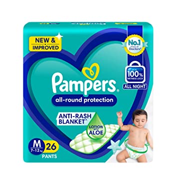 Pampers All round Protection Pants, Medium size baby Diapers, (M) 26 Count Lotion with Aloe Vera