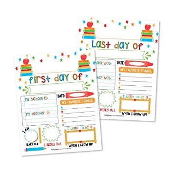 10 White First and Last Day of School Interview Signs, Back to School Photo Booth Prop Color, 1st Preschool, Kindergarten, Pre K Grade Sign Reusable Reversible Girl Boy Kid Child Year 8x10 Card Stock