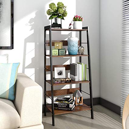 Lifewit 4 Tier Leaning Ladder Shelf Bookcase Bookshelf Multi Use Display Storage Wall Shelves Unit Rack, Carbon Steel & Wood