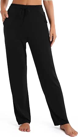 Urban CoCo Women's Straight Leg Long Pants Elastic High Waist Drawstring Casual Trousers with Pockets