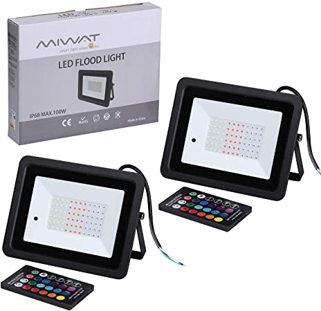Miheal (2 Pack) 110V 100W RGB LED Flood Lights,Outdoor Color Changing Floodlight with Remote Control, IP68 Waterproof 16 Colors 4 Modes Dimmable Wall Washer Light, Stage Lighting[Energy Class A  ]