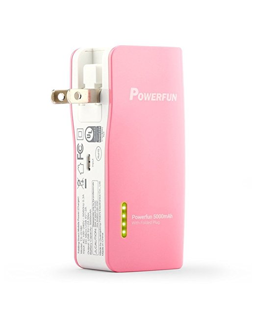Pisen 5000mAh Power Bank with Foldable AC Plug 1A/2A for iPhone, iPad, Samsung and More (Pink)