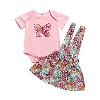 Baby Girl Clothes Dress Infant Summer Outfits 2PCS Butterfly Short Sleeve Pink Romper  Floral Suspender Skirt Overalls