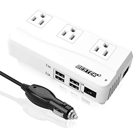 BESTEK 200W Car Power Inverter DC 12V to 110V AC Car Converter with 4 USB Charging Ports Power Converter for Car with 3 AC Outlets,Car Inverter Car Adapter with Durable Plug