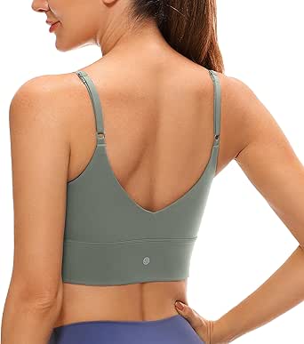 CRZ YOGA Langer Sport-BH für Damen, V-Ausschnitt, verstellbare Träger, kabellos, gepolstert, Yoga-BH, Bauchfreies Tank-Top