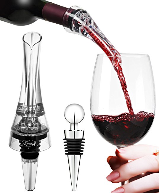 Vinarie by Nucucina Premium Wine Aerator Pourer And Bottle Stopper Set - Aerate Red Wine In Seconds - Modern Bar Accessory - Easy To Use And Wash - Stylish Gift Box Included - Perfect Wine Lover Gift