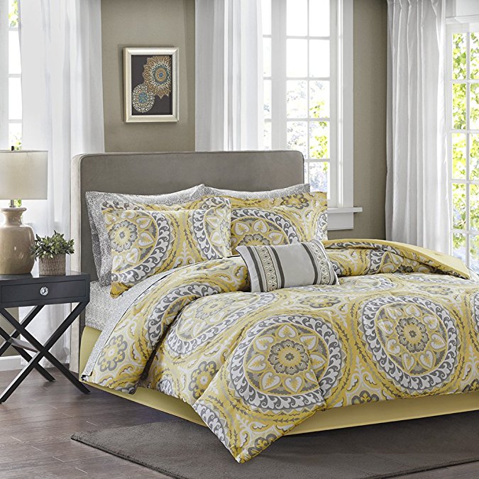 Madison Park MPE10-147 Essentials Serenity Complete Bed & Sheet Set Queen Yellow,Queen