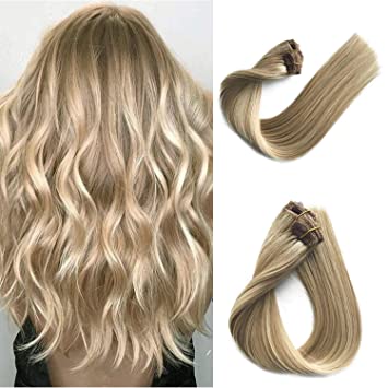 Clip in Real Remy Human Hair Extensions for Black/White Women 613 Blonde Highlights Hair Extensions Clip on Beige Blonde with Bleach Blonde Highlights Double Weft Full Head 70g 7pcs 16 Clips 20 Inch