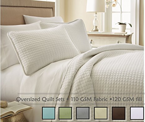 Southshore Fine Linens 3 Piece Oversized Quilt Set - Bright White FULL / QUEEN