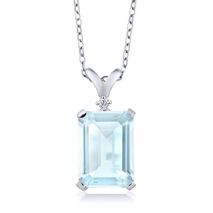 Gem Stone King 925 Sterling Silver Sky Blue Topaz and White Diamond Pendant necklace, 8.72 Cttw Emerald Cut with 18 Inch Silver Chain