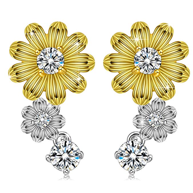 PN PRINCESS NINA Spring Blossom Valentines Gifts for Her 925 Sterling Silver Sunflower Stud Earrings with Crystals from Swarovski You Walk into My Life and I Fall for You