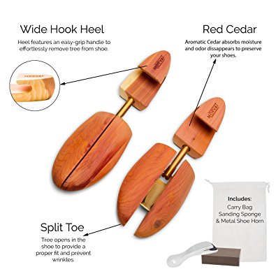 Morvat Premium Quality Adjustable Cedar Wood Shoe Tree with Bonus Metal Shoe Horn, Sanding Sponge, and Carry Bag