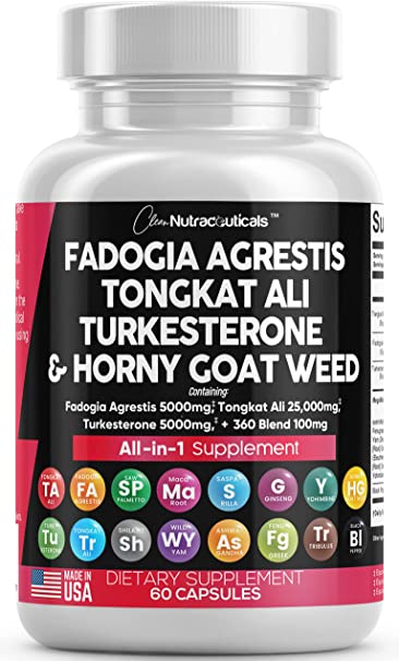 Fadogia Agrestis 5000mg Tongkat Ali 25000mg Turkesterone 5000mg Supplement with Horny Goat Weed, Saw Palmetto, Maca Root, Siberian Ginseng, Tribulus Terrestris, Fenugreek, Wild Yam USA - 60 Count