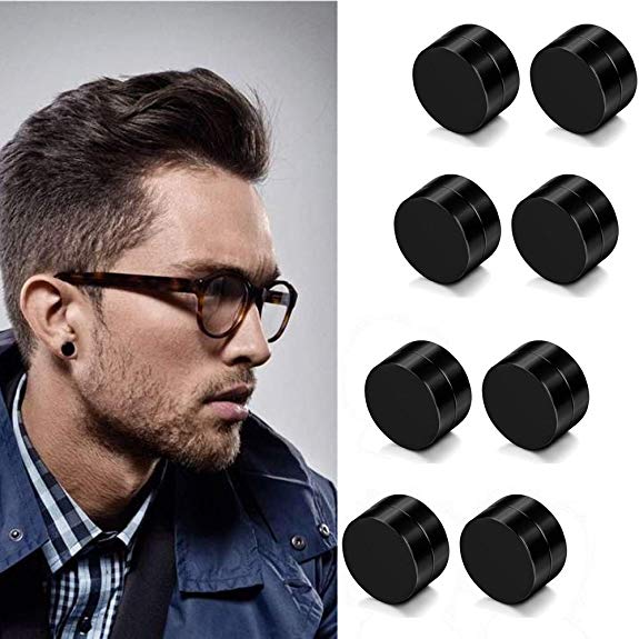 LOLIAS 4 Pairs 6-12mm Black Stainless Steel Magnetic Fake Gauges Earring Studs for Men Women Non Pierced Earrings