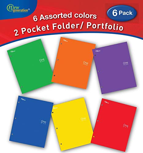 New Generation - One - 2 Pocket Folder / Portfolio , 6 PACK ,Letter Size , 3 Hole Punch folders , Heavy Duty UV Glossy Laminated - Assorted 6 Fashion Primary Color Folders , Back to School (6 PACK)