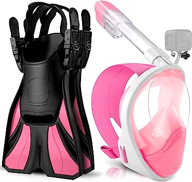 Odoland Snorkeling Packages, Full Face Snorkel Mask for Adults & Youth with Camera Mount, Adjustable Swim Fins, Anti-Fog Anti-Leak Diving Gear for Men Women Teens