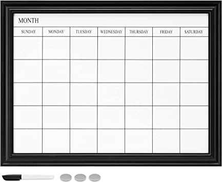 Navaris Framed Calendar Whiteboard for Wall - 45 x 60 cm Magnetic Dry Wipe Monthly Planner - White Board with Frame - Includes Magnets and Marker Pen