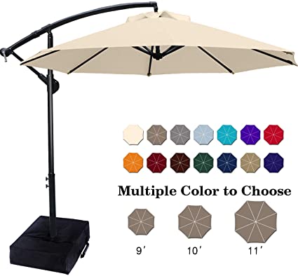 ABCCANOPY Patio Umbrellas Cantilever Umbrella Offset Hanging Umbrellas 9 FT Outdoor Market Umbrella with Crank & Cross Base for Garden, Deck, Backyard, Pool and Beach, 12  Colors,Light Beige