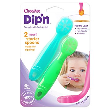 ChooMee Dipn - 100% Silicone Starter Spoon | DualFlex - Firm Handle and Soft Spoon, Bends With Every Bowl | 2 CT | Aqua Green