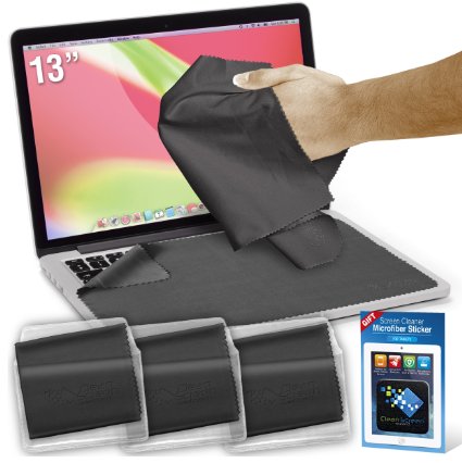 Microfiber Screen Cleaner & Protector - Best for 13" Laptops & MacBook Air, Pro & Retina Screens - Kit Includes: 3 Large Cloths / Keyboard Covers in Protective Pouches   Cleaning Sticker