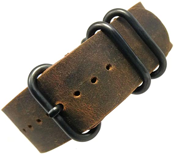 time  5-Ring NATO Zulu Distressed Vintage Leather Military Watch Strap Rust Brown - Choose Hardware & Width (18mm,20mm,22mm,24mm)