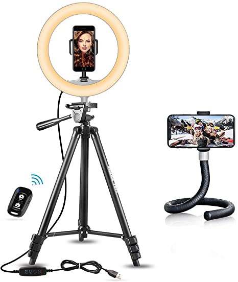 UBeesize 10" Selfie Ring Light with 50" Extendable Tripod Stand Bundle with 21” Handheld Bendable Monopod, Perfect Set for YouTube Video/Photography Compatible with iPhone Xs Max XR Android