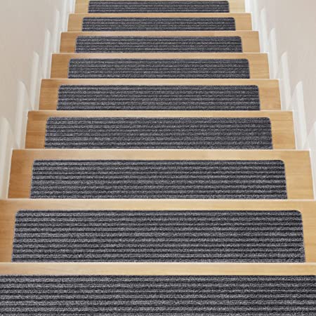 Delxo 14PACK Stair Treads Carpet Non Slip Rug Non Skid Indoor Stair Runner for Wooden Steps, Older, Kids, Pets Reusable Adhesive, 6X30 INCH Stripe Dark Grey