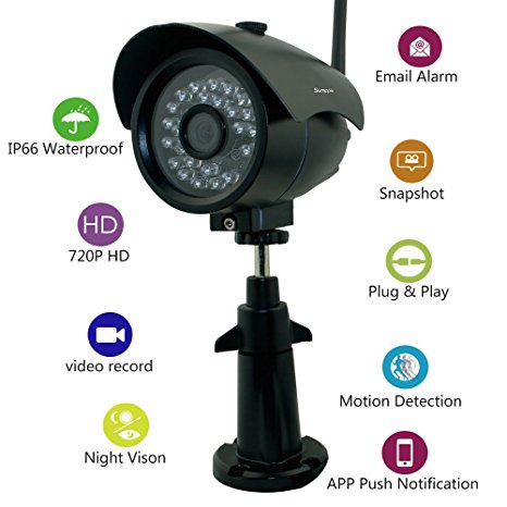 Sumpple Wifi Wireless/Wired 720P Digital Video Outdoor/Indoor IP Network Camera, Night Vision, IP66 Waterproof, Video Record, Snapshot, Motion Detection, Email Alarm, Support IOS, Android or PC Black