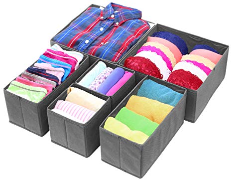 Simple Houseware Foldable Cloth Storage Box Closet Dresser Drawer Divider Organizer Basket Bins for Underwear Bras, Dark Grey (Set of 6)