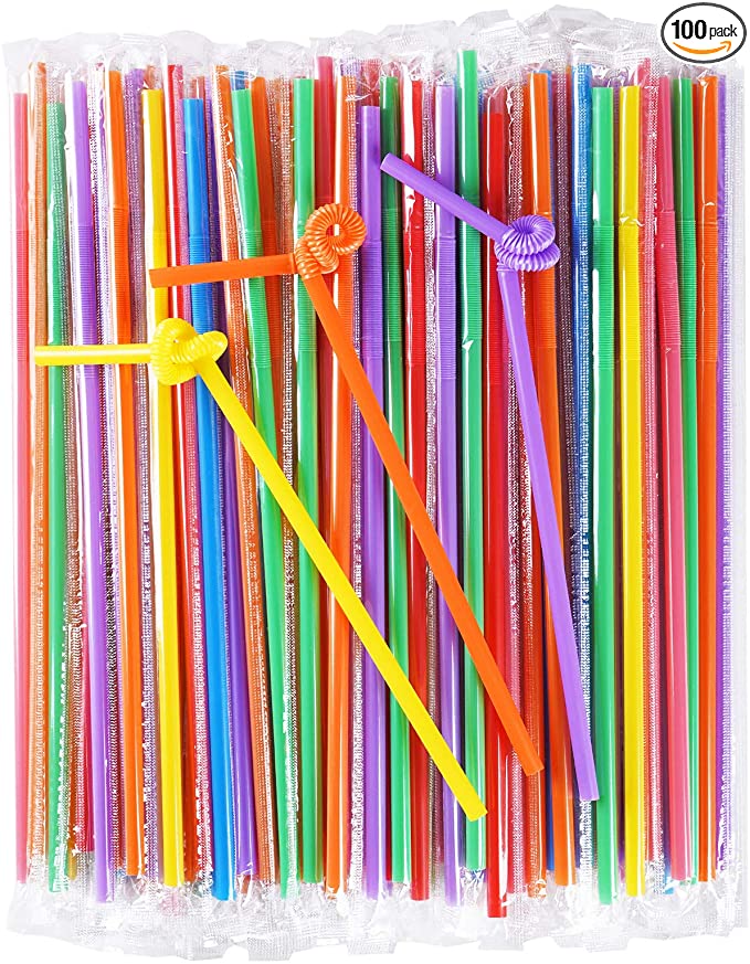 CVNDKN 100 Pcs Individually Packaged Colorful Disposable Extra Long Flexible Plastic Drinking Straws.(0.23'' diameter and 10.2" long)