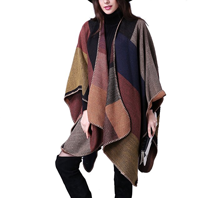 Leewin Women's Winter Cashmere Imitation Oversized Plaid Blanket Poncho Cape Shawl Cardigans