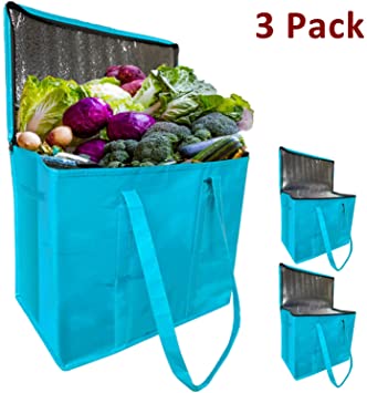 JALOUSIE 3 Pack XL Insulated Reusable Grocery Shopping Bags - Extra Large Water-resistant Surface Picnic Cooler Bag Zipper Bag - Reinforced Bottom and Handles