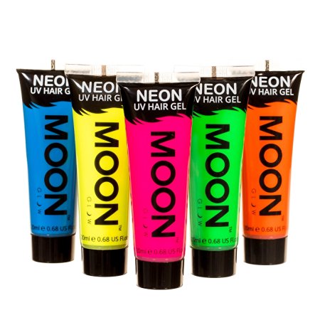 Moon Glow - Blacklight Neon UV Hair Gel - 0.67oz Set of 5 tubes - Temporary wash out hair color - Spike and Glow!