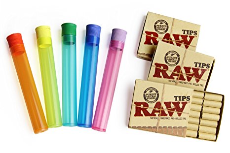 RAW Pre-Rolled Cigarette Tips Hand Rolled Cigarettes & More - Includes 5 Free BONUS Tube Buddies in Orange, Blue, Yellow, Green & Violet - 3 Boxes of 21 Pieces [63 Total]