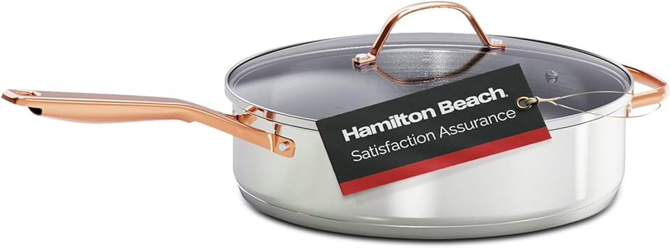 Hamilton Beach Stainless Steel Tri-ply Professional 12 Inch Fry Pan with Glass Lid - Premium Oven Safe Induction Kitchen Skillet - Suitable for all Stoves - Double Riveted