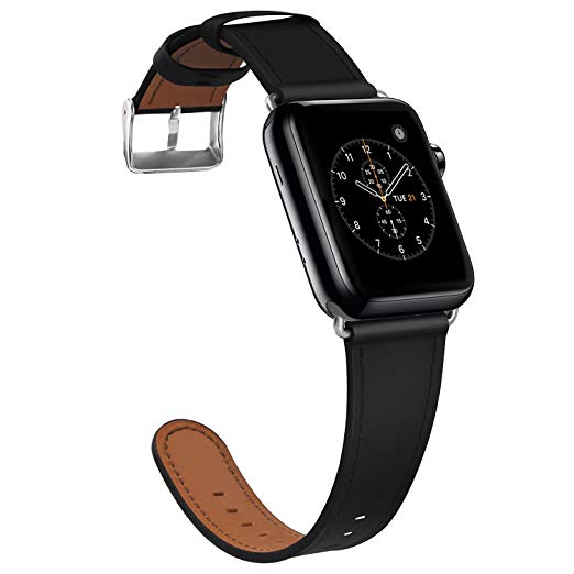 COVERY For Apple Watch Band 42mm, Genuine Leather iWatch Strap Replacement with Stainless Metal Buckle for Apple Watch Series 3, Series 2, Series 1, Nike  Sport Edition - Black