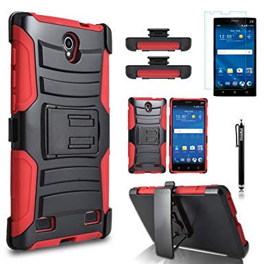ZTE Zmax 2 Case, Combo Rugged Shell Cover Holster with Built-in Kickstand and Holster Locking Belt Clip   Circle(TM) Stylus Touch Screen Pen And Screen Protector Red
